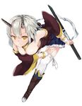  boots breasts downblouse highres horns katana leaning_forward medium_breasts monobe_tsukuri original pointy_ears scabbard sheath silver_hair simple_background smile solo sword thighhighs weapon white_background white_legwear yellow_eyes 