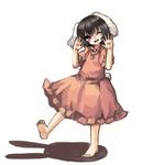  ;d animal_ears barefoot black_hair bunny_ears bunny_tail carrot_necklace dress frilled_dress frills full_body head_tilt inaba_tewi jewelry one_eye_closed open_mouth pendant pink_dress red_eyes short_hair simple_background smile solo standing standing_on_one_leg tail touhou white_background yunuki_uta 