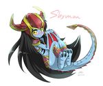  armor barefoot black_hair blue_skin blush character_name closed_mouth date horns league_of_legends long_hair looking_at_viewer midriff shyvana simple_background sollyz tail white_background wings yellow_eyes 