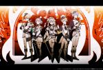  2girls 3boys ascot asymmetrical_sidelocks bicorne bird black_ascot black_capelet black_hat blonde_hair blue_eyes blue_hair blunt_bangs boku_no_kamisama_(vocaloid) bow_hairband buttons capelet coat colorful_palette commentary_request crypton_future_media double-breasted epaulettes gold_trim green_hair guest_art hairband hand_on_own_chest hat highres holding holding_sword holding_weapon kagamine_len kamishiro_rui kusanagi_nene leaning_on_weapon multicolored_hair multiple_boys multiple_girls official_alternate_costume official_art ootori_emu orange_eyes pants piapro pink_eyes pink_hair project_sekai purple_eyes purple_hair sega shadow short_coat sidu_(dsd_kgn) silhouette single_epaulette spiked_hair streaked_hair sunset swept_bangs sword tenma_tsukasa the_power_of_regret_(project_sekai) two-handed_sword weapon white_ascot white_capelet white_coat white_footwear white_pants wonderlands_x_showtime_len yellow_eyes 