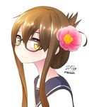  bad_id bad_pixiv_id bespectacled brown_eyes brown_hair dated folded_ponytail glasses hair_ornament inazuma_(kantai_collection) kantai_collection nekobaka school_uniform serafuku short_hair simple_background smile solo twitter_username white_background 