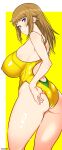  1girl absurdres adjusting_clothes adjusting_swimsuit aiuti artist_name ass blue_eyes border breasts brown_hair commentary_request competition_swimsuit covered_nipples from_behind gundam gundam_build_fighters gundam_build_fighters_try hair_down highleg highleg_one-piece_swimsuit highres hoshino_fumina large_breasts long_hair looking_at_viewer looking_back one-piece_swimsuit outside_border solo swimsuit twitter_username two-tone_background white_border yellow_background yellow_one-piece_swimsuit 