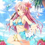  blush breasts detached_collar flower hair_flower hair_ornament highres kidatsu!_dungeons_lord large_breasts long_hair microphone midriff navel official_art one_eye_closed pink_hair riko_(kujira215) smile solo thighhighs water yellow_eyes 