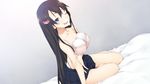  1girl bed black_hair blue_eyes blush bra breasts collarbone game_cg highres jiyu2 koisuru_otome_no_oshioki_jugyou kuroi_makoto legs long_hair looking_at_viewer naughty_face pink_bra sitting skirt small_breasts smile solo thighs tongue tongue_out underwear wink 