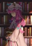  bespectacled book book_stack bookshelf carrying coat crescent dress glasses hair_ribbon hat long_hair long_sleeves mob_cap open_clothes open_coat patchouli_knowledge purple_eyes purple_hair ribbon seeker solo striped striped_dress touhou tress_ribbon very_long_hair wide_sleeves 