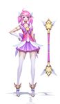  alternate_costume alternate_hair_color alternate_hairstyle banned_artist brooch choker concept_art earrings elbow_gloves full_body gloves hand_on_hip highres jewelry league_of_legends luxanna_crownguard magical_girl official_art paul_kwon pink_hair solo standing star star_guardian_lux thighhighs tiara wand zettai_ryouiki 