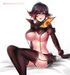  1girl armor bikini_armor breasts female flowerxl garter_straps gloves kill_la_kill large_breasts matoi_ryuuko navel short_hair sitting skirt smile solo suspenders tongue 