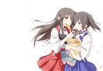  akagi_(kantai_collection) bad_id bad_pixiv_id blue_skirt brown_eyes cherry_blossoms doughnut eating food food_in_mouth food_on_face hakama highres japanese_clothes kaga_(kantai_collection) kantai_collection long_hair multiple_girls muneate negative_space petals pleated_skirt plhsxf ponytail red_hakama red_skirt short_hair short_sleeves side_ponytail simple_background skirt taiyaki wagashi white_background 