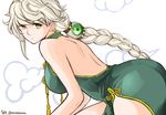  alternate_costume asymmetrical_hair backless_dress backless_outfit bad_id bad_twitter_id bare_arms bare_shoulders blonde_hair braid china_dress chinese_clothes cloud dress from_behind green_dress hair_ornament jitome kantai_collection leaning_forward long_hair looking_at_viewer shiratama_(shiratama_gold) side_slit silver_hair single_braid solo turtleneck unryuu_(kantai_collection) very_long_hair 