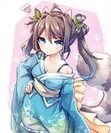  animal_ears blue_eyes brown_hair hair_ornament japanese_clothes kimono leaf_hair_ornament long_hair long_sleeves obi off_shoulder original paw_print raccoon_ears raccoon_tail sash solo tail tanuki twintails wide_sleeves yuya_(night_lily) 