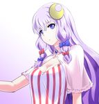  breasts capelet cleavage crescent crescent_hair_ornament dress gradient gradient_background hair_ornament hair_ribbon iwatobi_hiro large_breasts long_hair patchouli_knowledge purple_eyes purple_hair ribbon solo striped striped_dress touhou tress_ribbon upper_body 