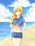  beach blonde_hair cloud cloudy_sky day long_hair md5_mismatch midriff mylovelydevil navel original outdoors short_shorts shorts sky smile solo yellow_eyes 