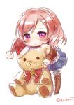  ao+beni bent_over blush bobblehat boots dress fur_trim hat long_sleeves purple_eyes red_hair ribbon santa_hat short_hair simple_background skirt solo standing stuffed_animal stuffed_toy teddy_bear toy white_background 