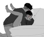  2boys age_difference akitaru_oubi barefoot blush couch covered_mouth en'en_no_shouboutai feet_out_of_frame long_sleeves lying male_focus male_underwear multiple_boys on_back on_couch onii-shota partially_colored shinra_kusakabe short_hair simple_background sweat sweater undercut underwear white_background x55555x yaoi 