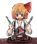  :d blonde_hair drooling food fork hair_ribbon kitchen_knife meat open_mouth red_eyes ribbon rumia shirt short_hair simple_background smile solo steak touhou vest white_background yunuki_uta 