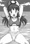  1girl beach bikini breasts erect_nipples female hikari_(pokemon) hikawadou long_hair monochrome nintendo pokemon pokemon_(anime) pokemon_(game) pokemon_dppt smile swimsuit 