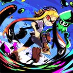  ass bike_shorts black_eyes dual_wielding grin headphones highres holding inkling looking_back midriff orange_hair pointy_ears red_eyes smile splatoon_(series) splatoon_1 squid super_soaker tentacle_hair tom_(drpow) 