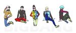  5boys aqua_hair bigbang black_hair blonde_hair boots copyright_name daesung g-dragon hair_over_one_eye hat jumping male_focus mohawk multiple_boys red_pants seungri_(bigbang) side_shave sitting smile sunglasses t.o.p_(bigbang) taeyang 