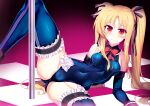  1girl absurdres alternate_costume bare_shoulders black_ribbon blonde_hair blue_one-piece_swimsuit blue_thighhighs blush breasts cosplay covered_navel dead_or_alive dead_or_alive_5 detached_sleeves elbow_gloves fate_testarossa frilled_one-piece_swimsuit frills gloves hair_ornament hair_ribbon highleg highleg_one-piece_swimsuit highres long_hair looking_at_viewer lying lyrical_nanoha mahou_shoujo_lyrical_nanoha marie_rose marie_rose_(cosplay) marie_rose_(devilish_servant_against_the_splashing_waves) non-web_source on_side one-piece_swimsuit pole pole_dancing raiou red_eyes red_ribbon ribbon small_breasts solo spread_legs stripper_pole swimsuit thighhighs twintails very_long_hair wavy_mouth x_hair_ornament 