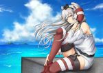  amatsukaze_(kantai_collection) bare_shoulders bol_(liliymimi) brown_eyes casual cloud day garter_straps gloves hair_tubes hair_tucking highres kantai_collection long_hair looking_at_viewer ocean older red_legwear silver_hair sitting solo striped striped_legwear thighhighs two_side_up white_gloves 