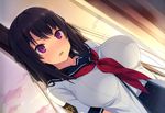  absurdres ao_no_kanata_no_four_rhythm black_hair blush breasts highres large_breasts long_hair open_mouth purple_eyes ribbon school_uniform serafuku solo suzumori sweatdrop tobisawa_misaki 