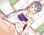  1girl :3 :d akebono_(kantai_collection) bell blush breasts censored clothed_female_nude_male cowgirl_position cum cum_in_pussy flower girl_on_top hair_bell hair_flower hair_ornament hetero japanese_clothes jingle_bell kantai_collection kimono long_hair mosaic_censoring nipple_slip nipples nude off_shoulder open_mouth penis purple_eyes purple_hair sex side_ponytail small_breasts smile solo_focus straddling sweat tasuki vaginal yasunao_(yasunao-z) 