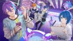  +_+ 1girl 3boys :d alien april_fools aqua_shirt arrow_(symbol) asymmetrical_hair asymmetrical_sidelocks black_footwear black_pants blonde_hair blue_eyes blue_hair blue_jacket blue_shirt blunt_bangs bob_cut building cellphone cityscape clothes_grab collarbone colorful_palette commentary_request crypton_future_media dress_shirt green_eyes grey_sleeves guest_art hair_between_eyes heart heart_necklace highres holding holding_marker holding_phone holding_whiteboard holographic_interface jacket jewelry kaito_(vocaloid) kamishiro_rui kiritani_haruka kyo_zip laboratory light_blue_hair long_sleeves looking_ahead looking_at_another looking_to_the_side marker multicolored_clothes multicolored_hair multicolored_jacket multicolored_shirt multiple_boys necklace neon_lights official_art orange_hair orange_shirt pants partially_unbuttoned phone piapro print_shirt project_sekai purple_hair science_fiction sega shinonome_akito shirt shirt_partially_tucked_in short_hair sidelocks sleeve_grab smartphone smile streaked_hair striped_clothes striped_shirt sweatdrop torn_clothes torn_shirt ufo unbuttoned unbuttoned_shirt vivid_bad_squad_kaito vocaloid white_jacket white_shirt yellow_eyes yellow_stripes 
