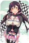  breasts checkered checkered_flag flag green_eyes helmet huge_breasts long_hair love_live! love_live!_school_idol_project miseo_(mrkglove) navel purple_hair race_queen smile solo sweat toujou_nozomi twintails 