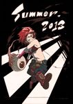  2013 ;) bad_id bad_pixiv_id belt bikini_top blush boots breasts character_request cleavage copyright_request cross-laced_footwear eyeball grin horikoshi_kouhei lace-up_boots medium_breasts midriff navel one_eye_closed pants red_eyes red_hair short_hair smile solo teeth 