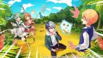  2boys 2girls 4_(nakajima4423) @_@ aoyagi_touya aqua_eyes aqua_hair aqua_necktie bare_legs bare_shoulders black_pants black_socks blonde_hair blue_hair blue_sweater_vest boots bow braid brown_cardigan brown_hair brown_skirt cardigan cloud colorful_palette commentary_request crypton_future_media detached_sleeves dinosaur dress dress_shirt fleeing floral_print flower footprints footwear_bow full_body giving_up_the_ghost gradient_clothes gradient_dress green_jacket grey_dress grey_eyes guest_art hair_between_eyes hair_bow hair_flower hair_ornament hanasato_minori hand_on_own_chin hatsune_miku high_heel_boots high_heels highres holding_hands hood hoodie jacket layered_skirt light_blue_hair long_sleeves more_more_jump!_miku multicolored_hair multiple_boys multiple_girls necktie official_art open_mouth orange_pants palm_tree pants piapro project_sekai red_flower red_skirt second-party_source sega shaded_face shirt short_necktie side_braid sidelocks skirt sky smoke socks split-color_hair surprised sweatdrop sweater_vest tenma_tsukasa torn_clothes torn_pants tree twintails vocaloid volcano white_dress white_footwear white_hoodie white_shirt white_sleeves wide_sleeves yellow_eyes 
