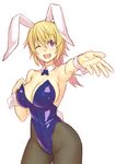  ;d animal_ears armpits bangs bare_shoulders black_legwear blonde_hair blue_leotard breasts bunny_ears bunny_tail bunnysuit charlotte_dunois cleavage clenched_hand covered_nipples cowboy_shot detached_collar fake_animal_ears fake_tail foreshortening hair_between_eyes highleg highleg_leotard hips infinite_stratos kemonomimi_mode large_breasts leotard long_hair looking_at_viewer one_eye_closed open_mouth outstretched_hand pantyhose ponytail purple_eyes sideboob simple_background smile solo strapless tail white_background wrist_cuffs yuuji_(and) 