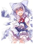  bad_id bad_pixiv_id bloomers blue_dress blue_hair bow cirno closed_eyes dress facing_viewer hair_bow ice ice_wings open_mouth puffy_short_sleeves puffy_sleeves shirt short_sleeves shunsuke silver_hair smile solo touhou underwear wings 