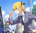  4girls arm_up black_necktie black_ribbon black_skirt blonde_hair blue_eyes blue_sky blush brown_hair closed_eyes closed_mouth cloud collared_shirt day grey_jacket hair_between_eyes hair_ribbon highres jacket kill_me_baby long_hair long_sleeves multiple_girls necktie open_mouth oribe_yasuna outdoors pleated_skirt power_lines ribbon school_uniform shirt skirt sky sonya_(kill_me_baby) twintails very_long_hair yachima_tana 