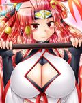 1girl baroque20320514fu blush breasts chiyome_(p&amp;d) cleavage cleavage_cutout huge_breasts long_hair looking_at_viewer puzzle_&amp;_dragons red_eyes red_hair smile solo upper_body 