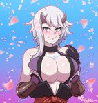  akairiot bad_id bad_tumblr_id blush breast_lift breast_squeeze breasts bust_cup center_opening cleavage fake_horns green_eyes headband large_breasts lips lipstick long_hair makeup ninja petals purple_lipstick queen's_blade sash shizuka_(queen's_blade) shoulder_pads silver_hair smile solo suggestive_fluid vambraces 