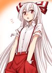  albino flat_chest fujiwara_no_mokou gradient gradient_background hair_ornament hair_ribbon hands_in_pockets kumadano long_hair looking_at_viewer open_mouth pants red_eyes ribbon shirt short_sleeves simple_background solo torn_clothes torn_sleeves touhou very_long_hair white_hair 