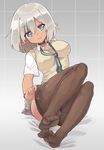  blush breasts brown_legwear dark_skin feet large_breasts looking_at_viewer naka_akira necktie original pantyhose pantyhose_pull pointy_ears school_uniform short_hair silver_hair skirt smile solo sweater_vest 