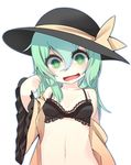  black_bra bra collarbone crazy_smile green_eyes green_hair hat hat_ribbon komeiji_koishi lace lace-trimmed_bra long_hair looking_at_viewer navel off_shoulder open_clothes open_mouth open_shirt ribbon shamo_(koumakantv) shirt solo touhou underwear upper_body 