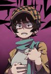  :o bad_id bad_pixiv_id bangs black_hair blue_scarf breasts brown_eyes cabbie_hat copyright_name crying crying_with_eyes_open devilman fingernails gradient gradient_background hands hands_on_own_chest hat highres horikoshi_kouhei jacket kawamoto_mikiko long_sleeves looking_down open_clothes open_jacket open_mouth plaid purple_background raised_eyebrows scarf short_hair small_breasts solo tears upper_body 