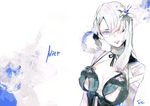  1girl bandaged_arm breasts flower hair_flower hair_ornament hair_over_one_eye ishida_sui kaine_(nier) lips long_hair nier signature solo white_background 