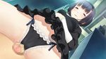  1girl black_hair black_panties blush breasts censored dress dress_lift fumikura_kozue game_cg girl_on_top highres jiyu2 koisuru_otome_no_oshioki_jugyou looking_down lying mosaic_censoring naughty_face panties penis red_eyes rubbing short_hair sitting sitting_on_person small_breasts smile solo_focus sweat underwear 