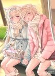  2girls alternate_costume amyu_(amm_asl_pa) animal_ear_fluff animal_ears bandaid bandaid_hair_ornament blonde_hair blue_hair blue_jacket blue_nails blush closed_eyes dog_ears dog_girl dog_tail fuwawa_abyssgard hair_ornament hairpin head_rest highres holding_hands hololive hololive_english jacket long_hair looking_at_viewer mococo_abyssgard multicolored_hair multiple_girls nail_polish open_mouth pink_hair pink_jacket pink_nails pink_scarf red_eyes scarf short_hair siblings sisters smile streaked_hair tail twins two_side_up very_long_hair virtual_youtuber watermark x_hair_ornament 