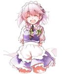  apron backlighting bad_id bad_pixiv_id blue_dress braid closed_eyes dress facing_viewer izayoi_sakuya maid maid_headdress open_mouth puffy_short_sleeves puffy_sleeves shirt short_sleeves shunsuke silver_hair smile solo touhou twin_braids waist_apron 