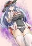  blue_eyes blue_hair breasts chiester45 chiester45_(cosplay) commentary_request cosplay gloves hat huge_breasts leotard long_hair looking_at_viewer solo thighhighs umineko_no_naku_koro_ni virgilia white_gloves white_legwear yohane 