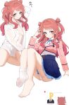  1boy 1girl absurdres blue_eyes blue_overskirt blue_ribbon blue_skirt blush breasts brown_hair cropped_jacket english_text facing_another feet gakuen_idolmaster hanami_saki hatsuboshi_gakuen_school_uniform highres idolmaster jacket knees_up looking_at_viewer medium_breasts miraclemeteor multiple_views naked_shirt neck_ribbon p-head_producer panties pantyshot pink_jacket pleated_skirt producer_(idolmaster) ribbon school_uniform see-through_clothes see-through_shirt shirt simple_background single_sock sitting skirt smile socks toes two_side_up underwear white_background white_panties white_shirt white_socks 