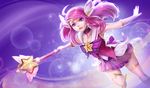  ahoge alternate_costume alternate_hair_color alternate_hairstyle bare_shoulders boots choker dutch_angle elbow_gloves gloves goomrrat headband holding holding_weapon league_of_legends looking_at_viewer luxanna_crownguard magical_girl outstretched_arm pink_hair purple_choker purple_eyes purple_skirt skirt solo star star_guardian_lux thigh_boots thighhighs wand weapon white_gloves white_legwear zettai_ryouiki 
