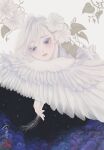  1girl absurdres bangs blue_eyes cloud colored_eyelashes feathers flower highres holding leaf looking_down night night_sky original pale_skin personification sky solo star_(sky) starry_sky surreal swept_bangs ushiyama_ame white_hair wings 