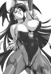  1girl arm_up bare_shoulders bat_print bat_wings breasts cleavage demon_girl elbow_gloves female gloves head_wings hikawadou large_breasts leotard lips long_hair monochrome morrigan_aensland open_mouth pantyhose solo succubus vampire_(game) wings 