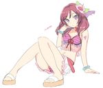  arm_support bad_id bad_pixiv_id bikini_top character_name flower full_body hair_flower hair_ornament hibiscus knees_together_feet_apart looking_at_viewer love_live! love_live!_school_idol_project midriff nada_(wakimichi) natsuiro_egao_de_1_2_jump! navel nishikino_maki o3o purple_eyes red_hair sandals short_hair simple_background sitting solo swimsuit white_background 