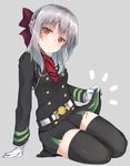  arm_support black_legwear eyebrows eyebrows_visible_through_hair gloves grey_background grey_hair hiiragi_shinoa looking_at_viewer military military_uniform monobe_tsukuri owari_no_seraph simple_background sitting smile solo thighhighs thighs uniform white_gloves yokozuwari zettai_ryouiki 